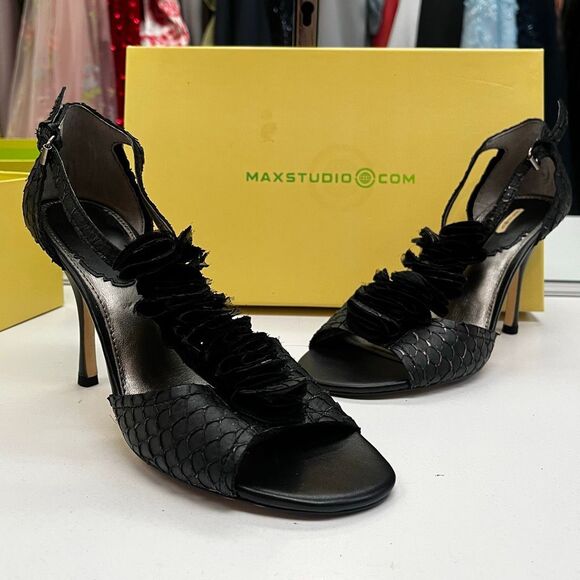 Max Studio Vintage Deadstock Black Serita Fishskin Open Toe Strappy Pump - Picture 1 of 12
